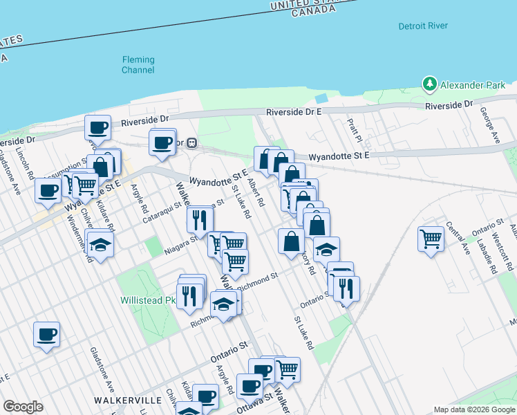 map of restaurants, bars, coffee shops, grocery stores, and more near in Windsor