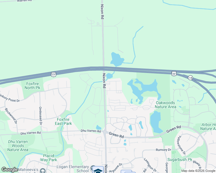 map of restaurants, bars, coffee shops, grocery stores, and more near 3400 Nixon Road in Ann Arbor