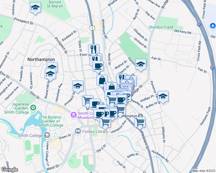 map of restaurants, bars, coffee shops, grocery stores, and more near 91 King Street in Northampton
