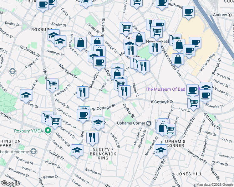 map of restaurants, bars, coffee shops, grocery stores, and more near 509A Dudley Street in Boston