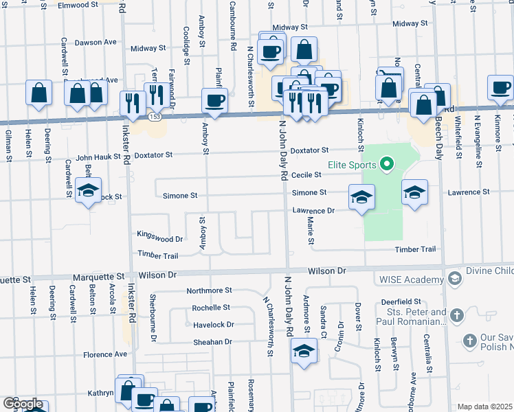 map of restaurants, bars, coffee shops, grocery stores, and more near 26723 Simone Street in Dearborn Heights
