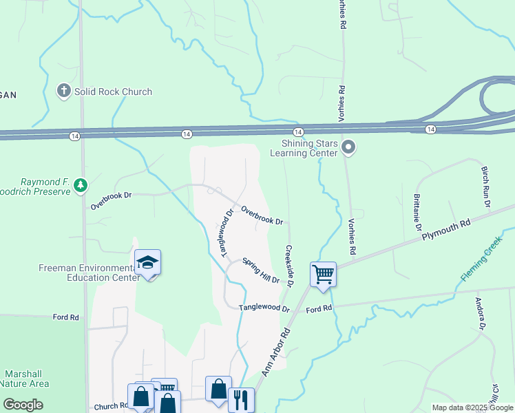 map of restaurants, bars, coffee shops, grocery stores, and more near 5619 Overbrook Drive in Ann Arbor