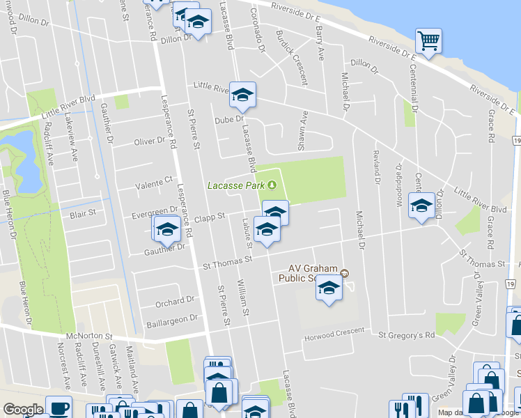 map of restaurants, bars, coffee shops, grocery stores, and more near Lacasse Boulevard in Tecumseh