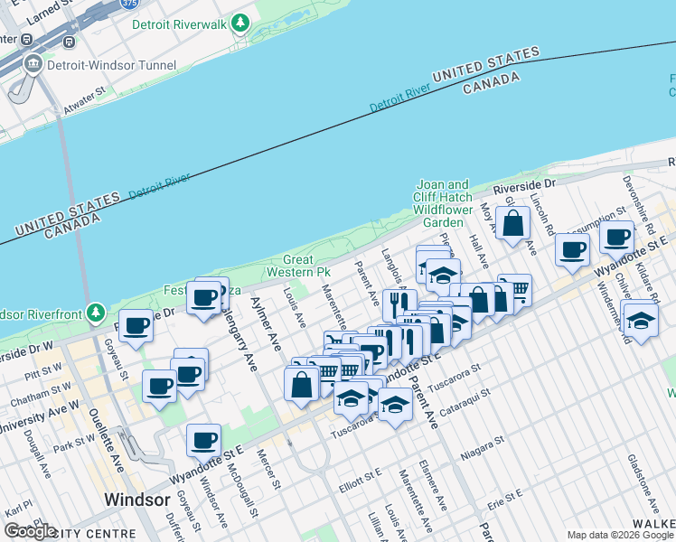 map of restaurants, bars, coffee shops, grocery stores, and more near 889 Riverside Drive East in Windsor