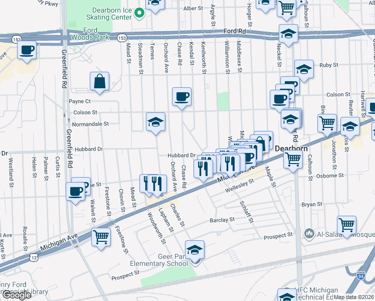 map of restaurants, bars, coffee shops, grocery stores, and more near 4852 Chase Road in Dearborn