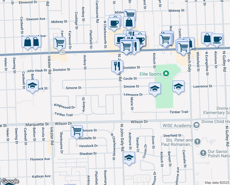 map of restaurants, bars, coffee shops, grocery stores, and more near 26639 Simone Street in Dearborn Heights