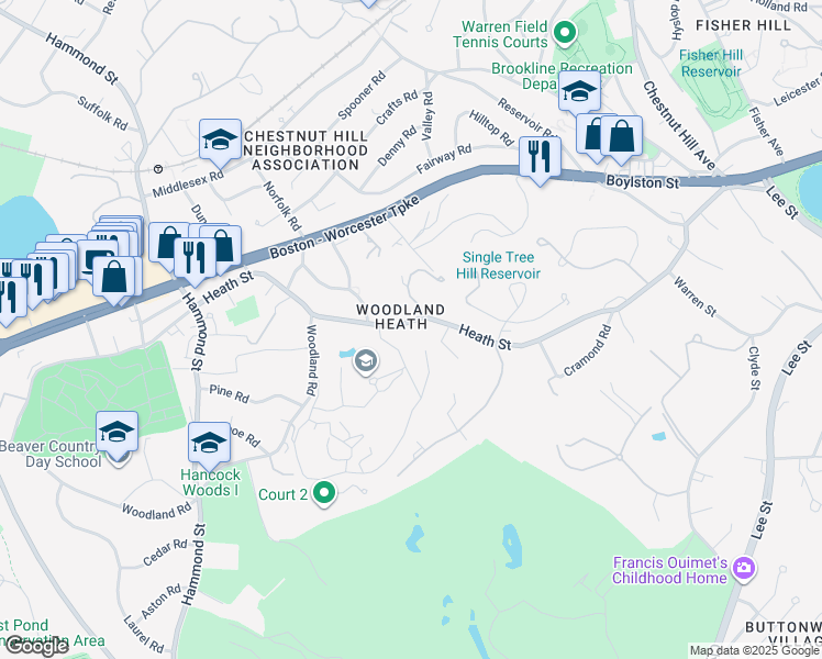 map of restaurants, bars, coffee shops, grocery stores, and more near 325 Heath Street in Brookline