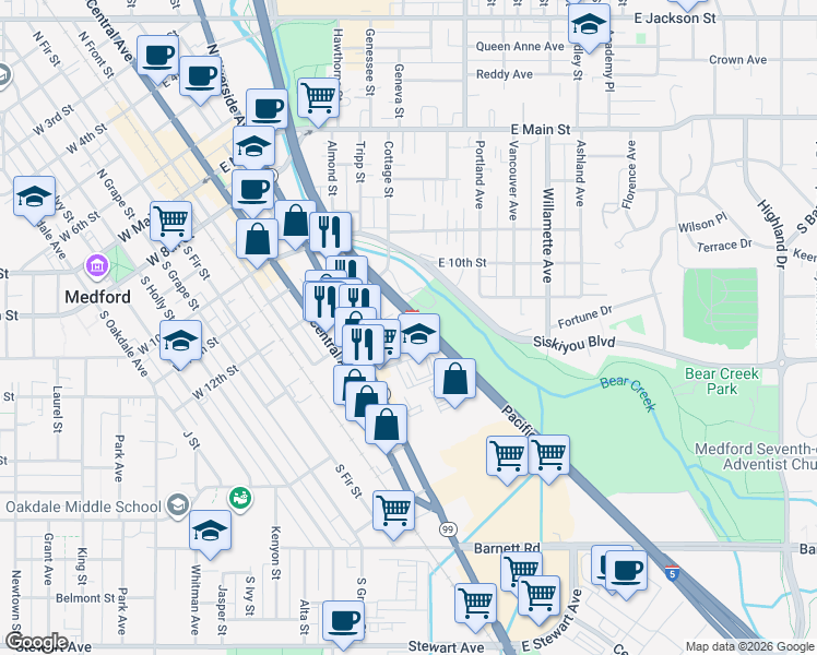 map of restaurants, bars, coffee shops, grocery stores, and more near 410 Arcadia Street in Medford