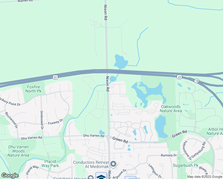 map of restaurants, bars, coffee shops, grocery stores, and more near 3400 Nixon Road in Ann Arbor