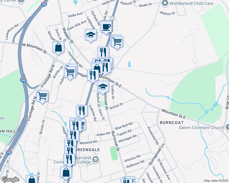 map of restaurants, bars, coffee shops, grocery stores, and more near 42 Collins Street in Worcester