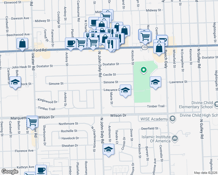 map of restaurants, bars, coffee shops, grocery stores, and more near 26425 Simone Street in Dearborn Heights
