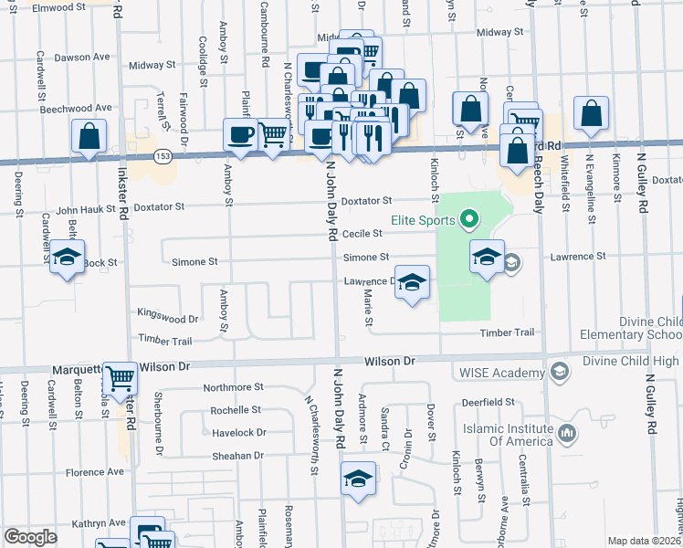 map of restaurants, bars, coffee shops, grocery stores, and more near 26425 Simone Street in Dearborn Heights