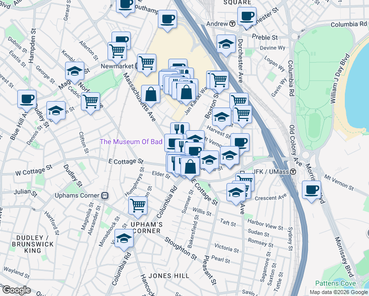 map of restaurants, bars, coffee shops, grocery stores, and more near 1230-1244 Massachusetts Avenue in Boston