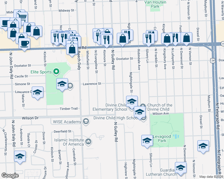 map of restaurants, bars, coffee shops, grocery stores, and more near 1643 North Gulley Road in Dearborn Heights