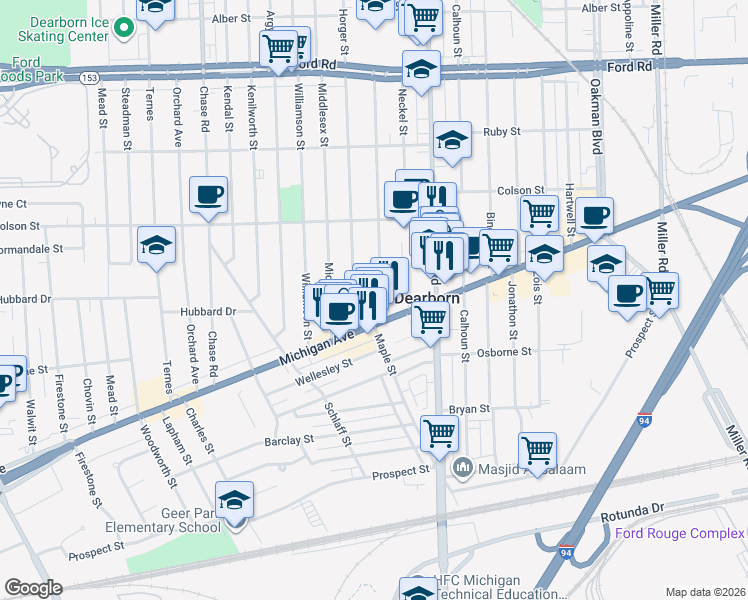 map of restaurants, bars, coffee shops, grocery stores, and more near 4866 Maple Street in Dearborn