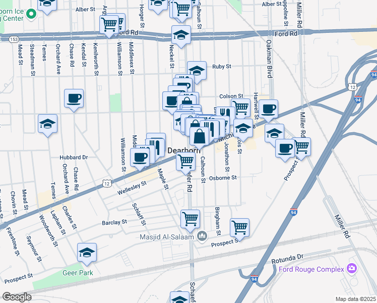 map of restaurants, bars, coffee shops, grocery stores, and more near Michigan Ave & Schaefer Rd in Dearborn