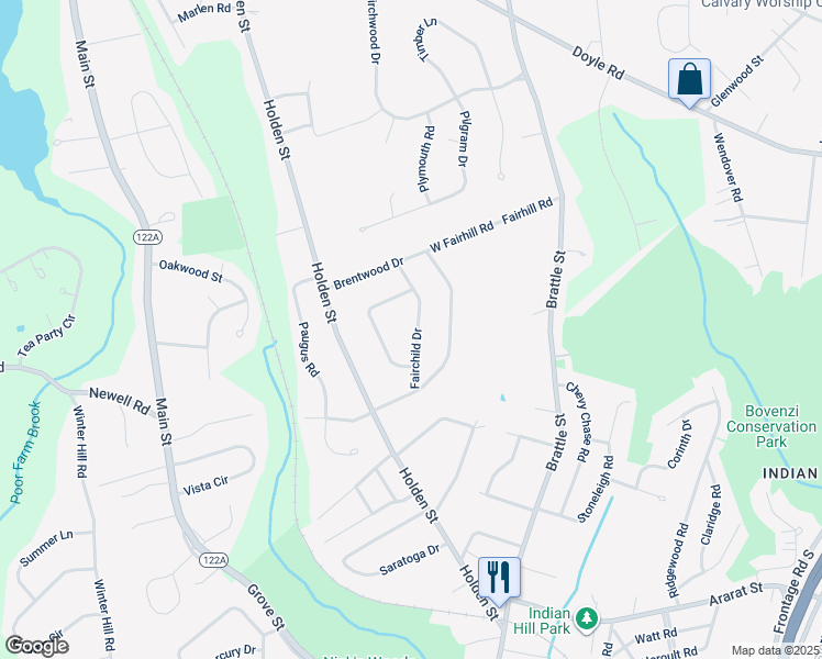 map of restaurants, bars, coffee shops, grocery stores, and more near 10 Fairchild Drive in Holden