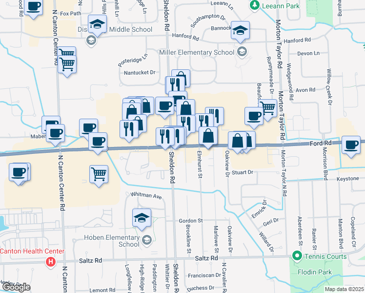 map of restaurants, bars, coffee shops, grocery stores, and more near 44250 Ford Rd in Canton