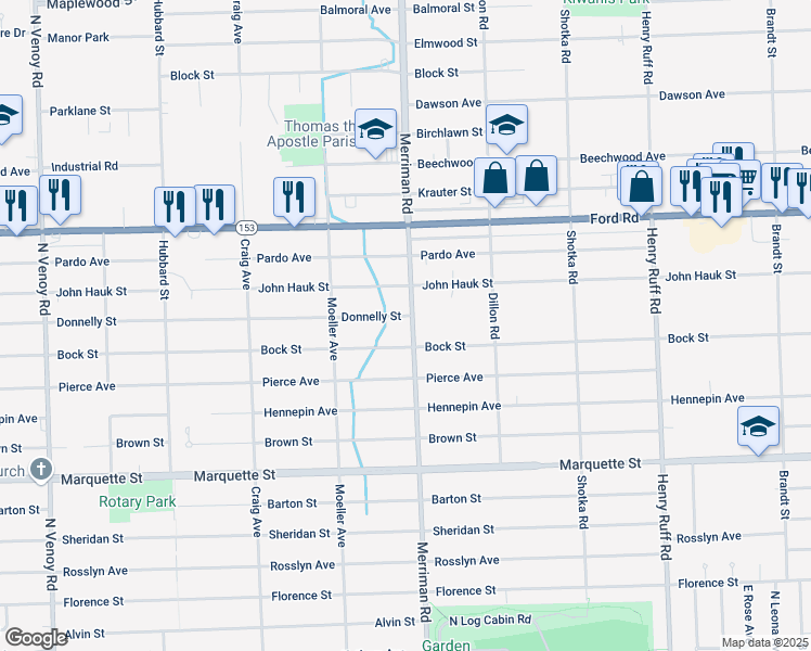 map of restaurants, bars, coffee shops, grocery stores, and more near 31412 Donnelly Street in Garden City