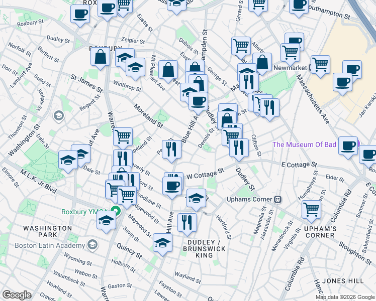 map of restaurants, bars, coffee shops, grocery stores, and more near 10 Stafford Street in Boston