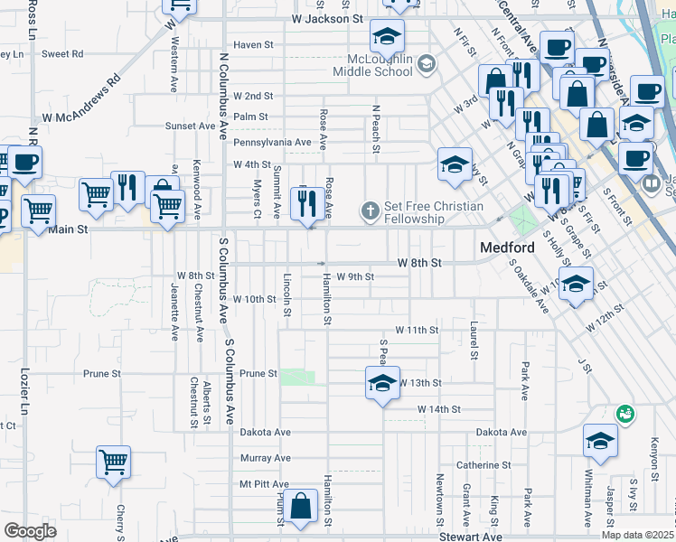map of restaurants, bars, coffee shops, grocery stores, and more near 1148 West 8th Street in Medford
