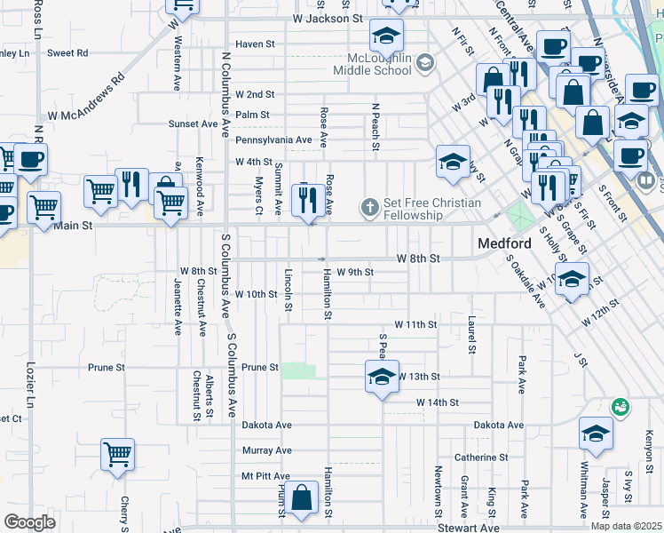map of restaurants, bars, coffee shops, grocery stores, and more near 1148 West 8th Street in Medford