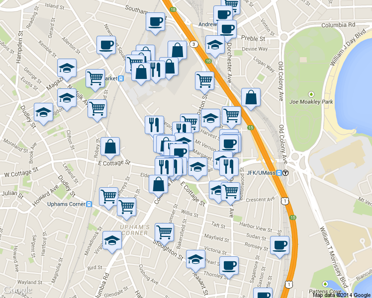 map of restaurants, bars, coffee shops, grocery stores, and more near 4 Saint Margaret Street in Boston