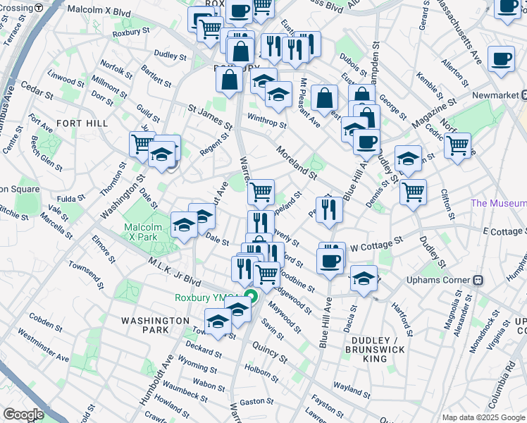map of restaurants, bars, coffee shops, grocery stores, and more near 242 Warren Street in Boston