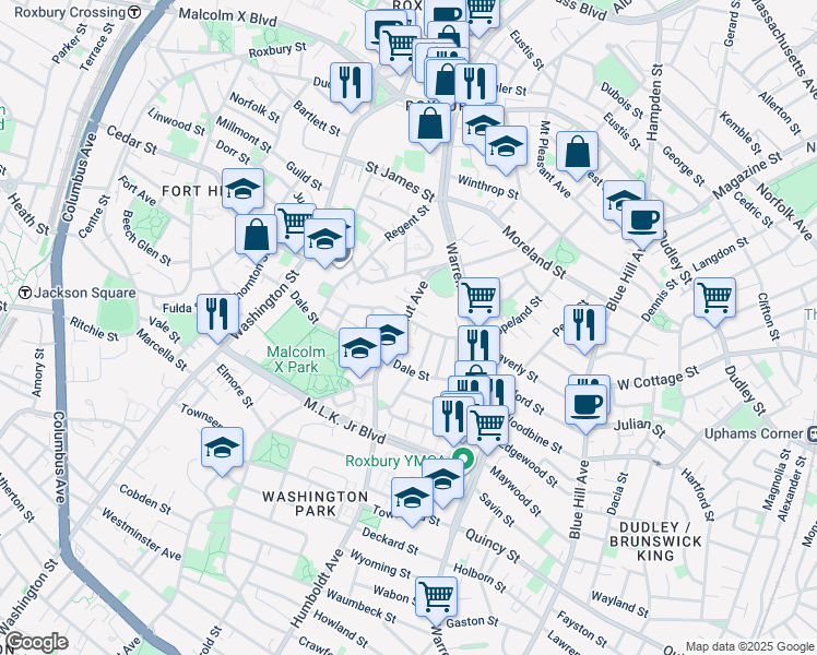 map of restaurants, bars, coffee shops, grocery stores, and more near 44 Rockland Street in Boston