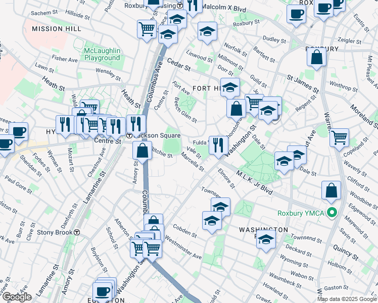 map of restaurants, bars, coffee shops, grocery stores, and more near 45 Fulda Street in Boston