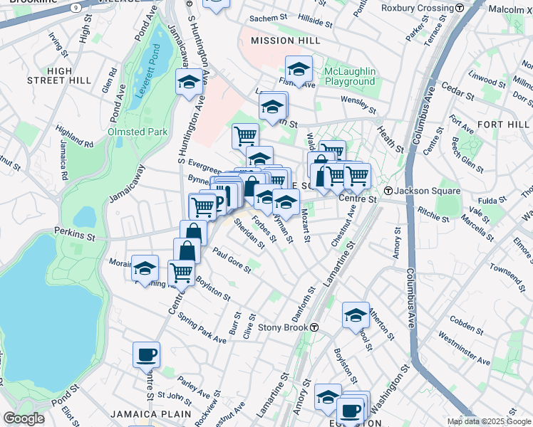 map of restaurants, bars, coffee shops, grocery stores, and more near 358a Centre Street in Boston