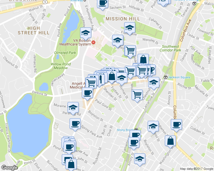 map of restaurants, bars, coffee shops, grocery stores, and more near 386-386A Centre Street in Boston