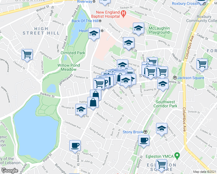 map of restaurants, bars, coffee shops, grocery stores, and more near 386-386A Centre Street in Boston