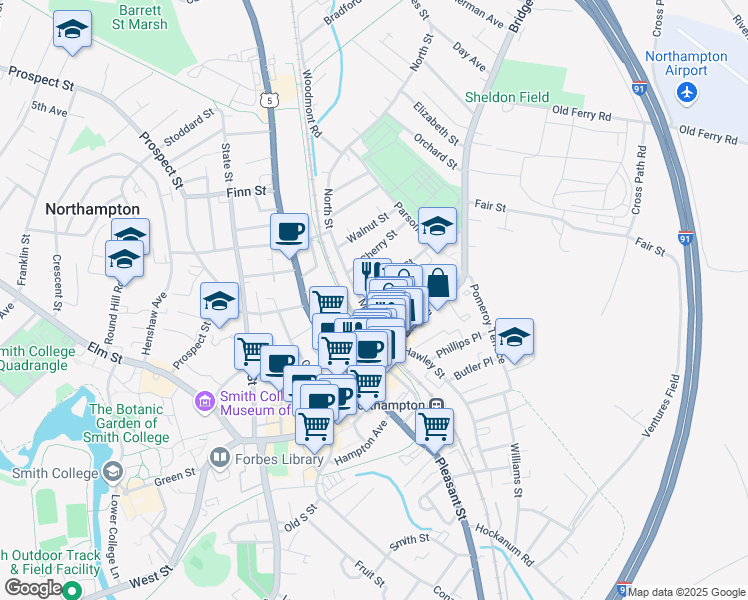 map of restaurants, bars, coffee shops, grocery stores, and more near 25 Union Street in Northampton