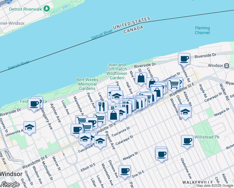 map of restaurants, bars, coffee shops, grocery stores, and more near in Windsor