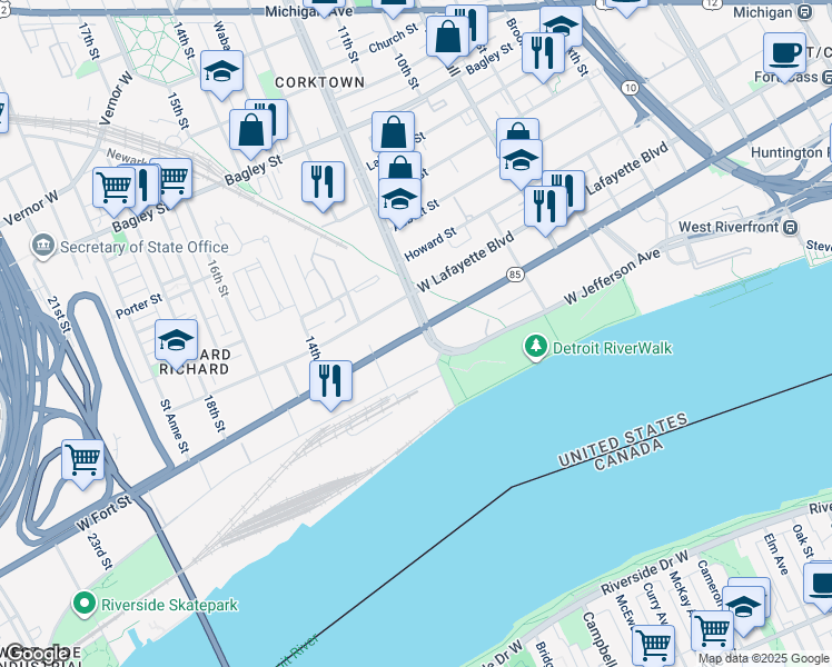 map of restaurants, bars, coffee shops, grocery stores, and more near 1910 West Fort Street in Detroit