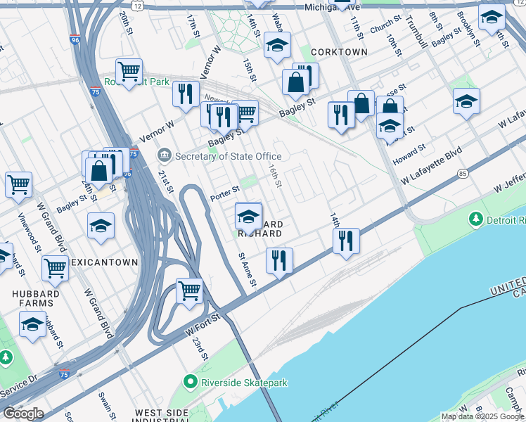 map of restaurants, bars, coffee shops, grocery stores, and more near 1300 18th Street in Detroit