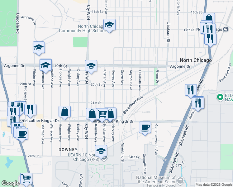 map of restaurants, bars, coffee shops, grocery stores, and more near 1611 20th Street in North Chicago