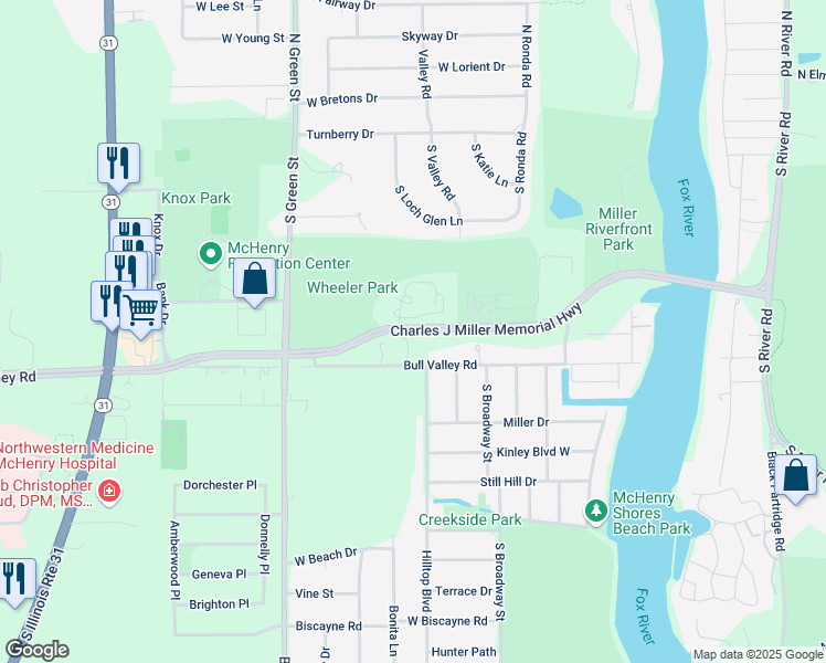 map of restaurants, bars, coffee shops, grocery stores, and more near 3300 Charles J Miller Memorial Highway in McHenry