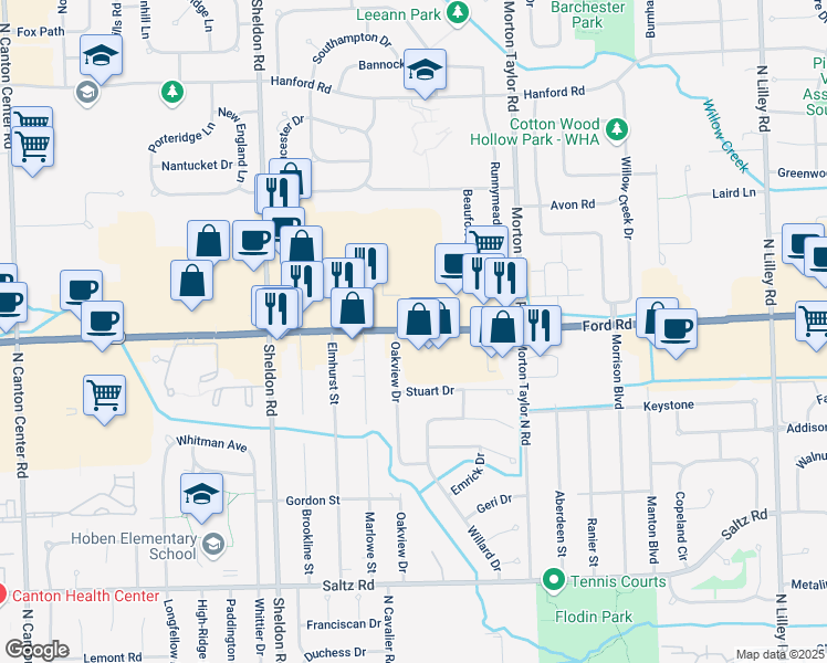 map of restaurants, bars, coffee shops, grocery stores, and more near 43670 Ford Road in Canton