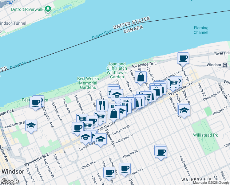 map of restaurants, bars, coffee shops, grocery stores, and more near in Windsor