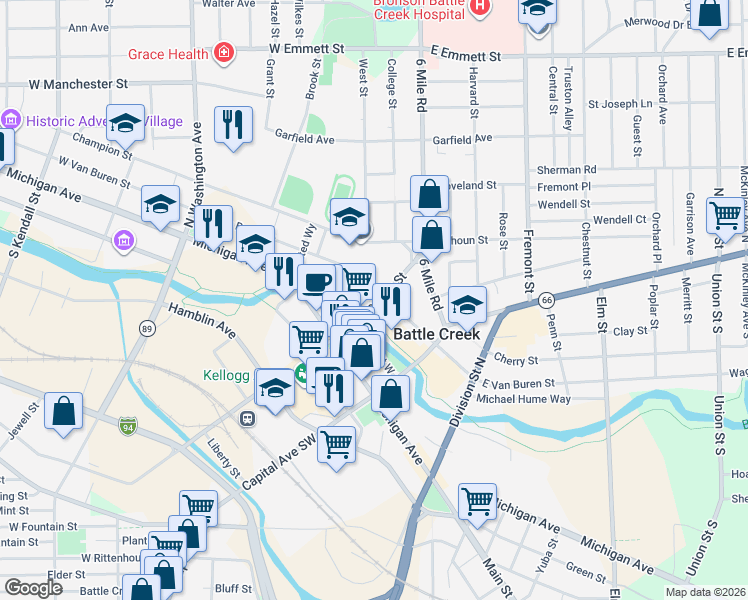 map of restaurants, bars, coffee shops, grocery stores, and more near 100 West Van Buren Street in Battle Creek