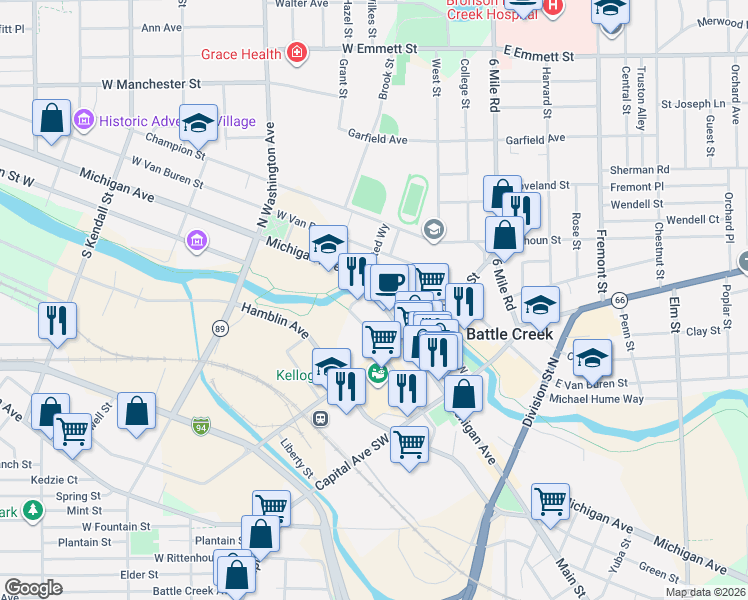 map of restaurants, bars, coffee shops, grocery stores, and more near 117 West Michigan Avenue in Battle Creek