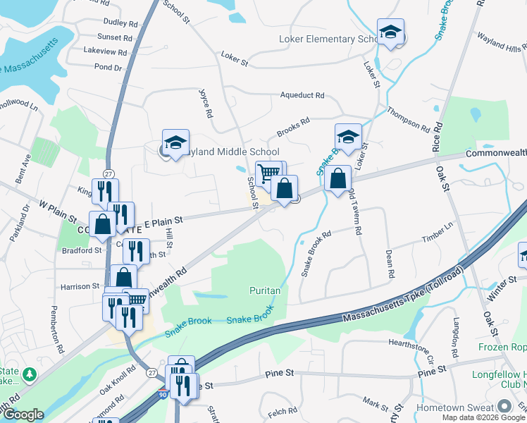 map of restaurants, bars, coffee shops, grocery stores, and more near Massachusetts 30 in Wayland