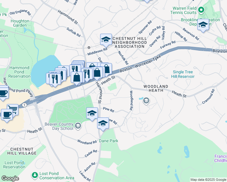 map of restaurants, bars, coffee shops, grocery stores, and more near 652 Hammond Street in Brookline