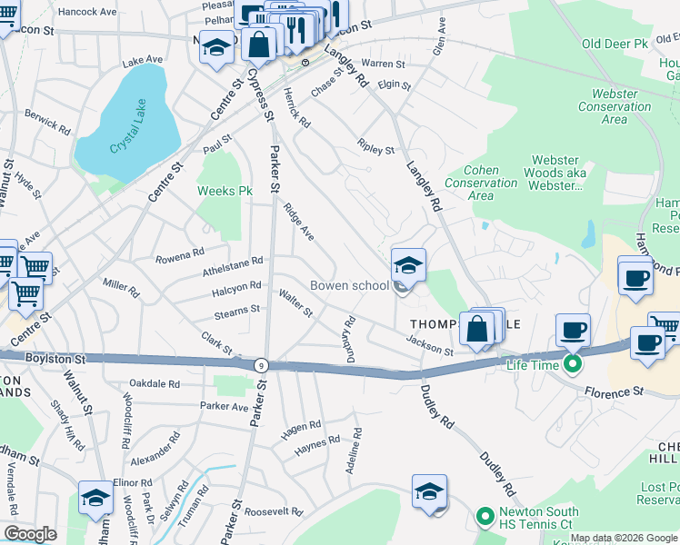 map of restaurants, bars, coffee shops, grocery stores, and more near 87 Ridge Avenue in Newton