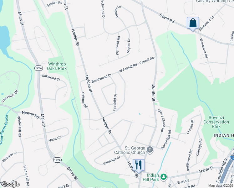 map of restaurants, bars, coffee shops, grocery stores, and more near 30 Brentwood Drive in Holden