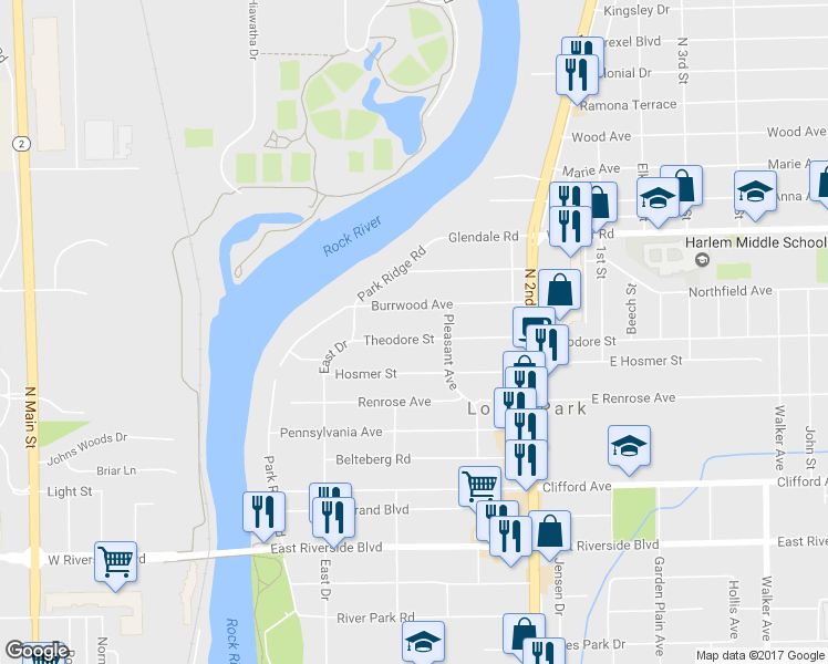 map of restaurants, bars, coffee shops, grocery stores, and more near 238 Theodore Street in Loves Park