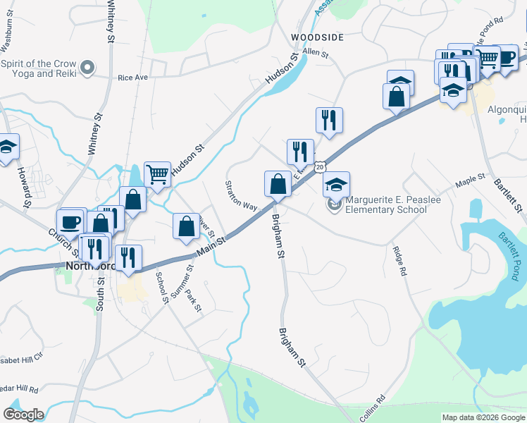 map of restaurants, bars, coffee shops, grocery stores, and more near 122 Main Street in Northborough