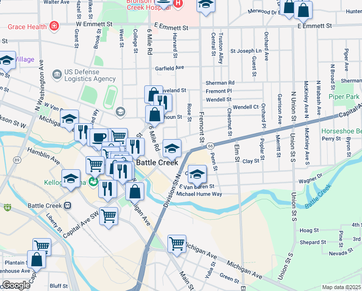 map of restaurants, bars, coffee shops, grocery stores, and more near 145 Capital Avenue Northeast in Battle Creek